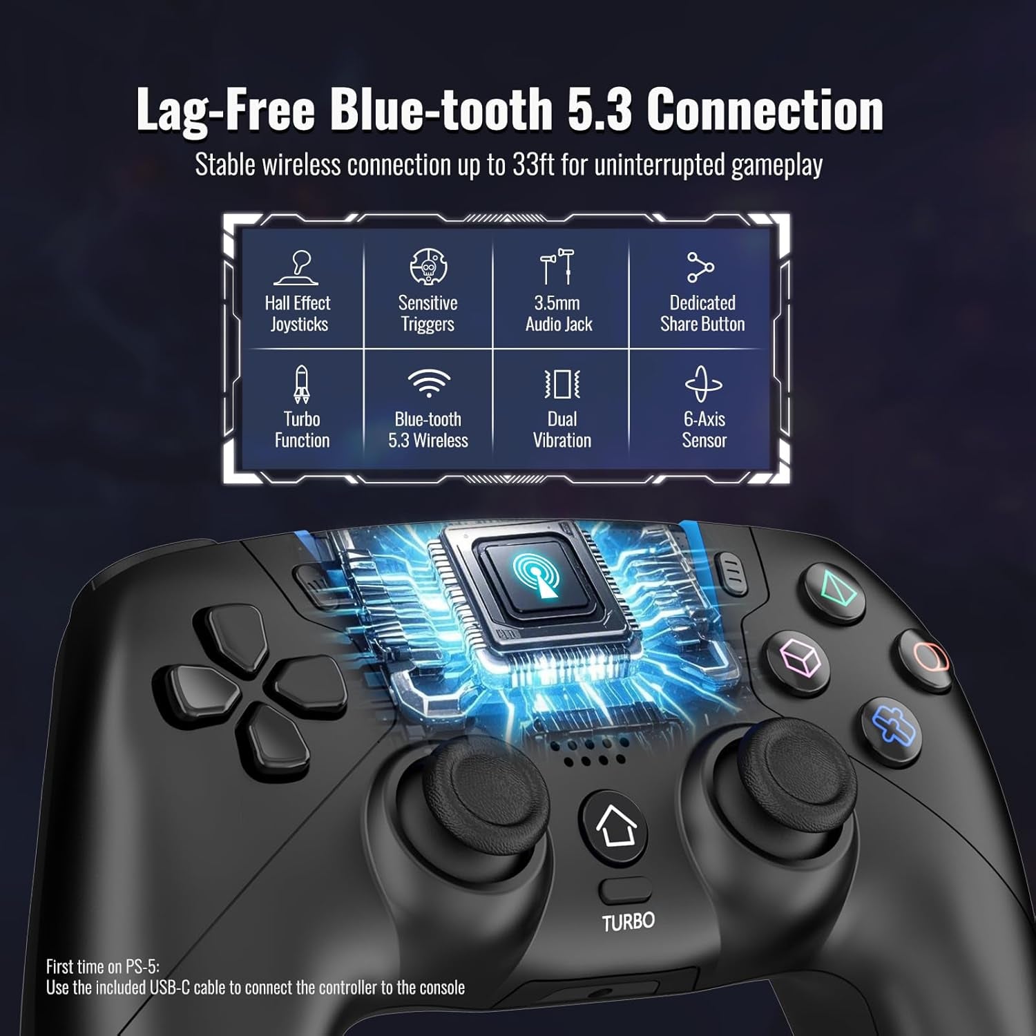 Wireless Controller for Ps-5/Pro/Slim/Pc,Bluetooth Gaming Controller with Hall Joysticks/Led Channel Light/Turbo/6-Axis Gyro/Dual Vibration/Touchpad/3.5Mm TRRS Audio Jack/Speaker Function(Black)