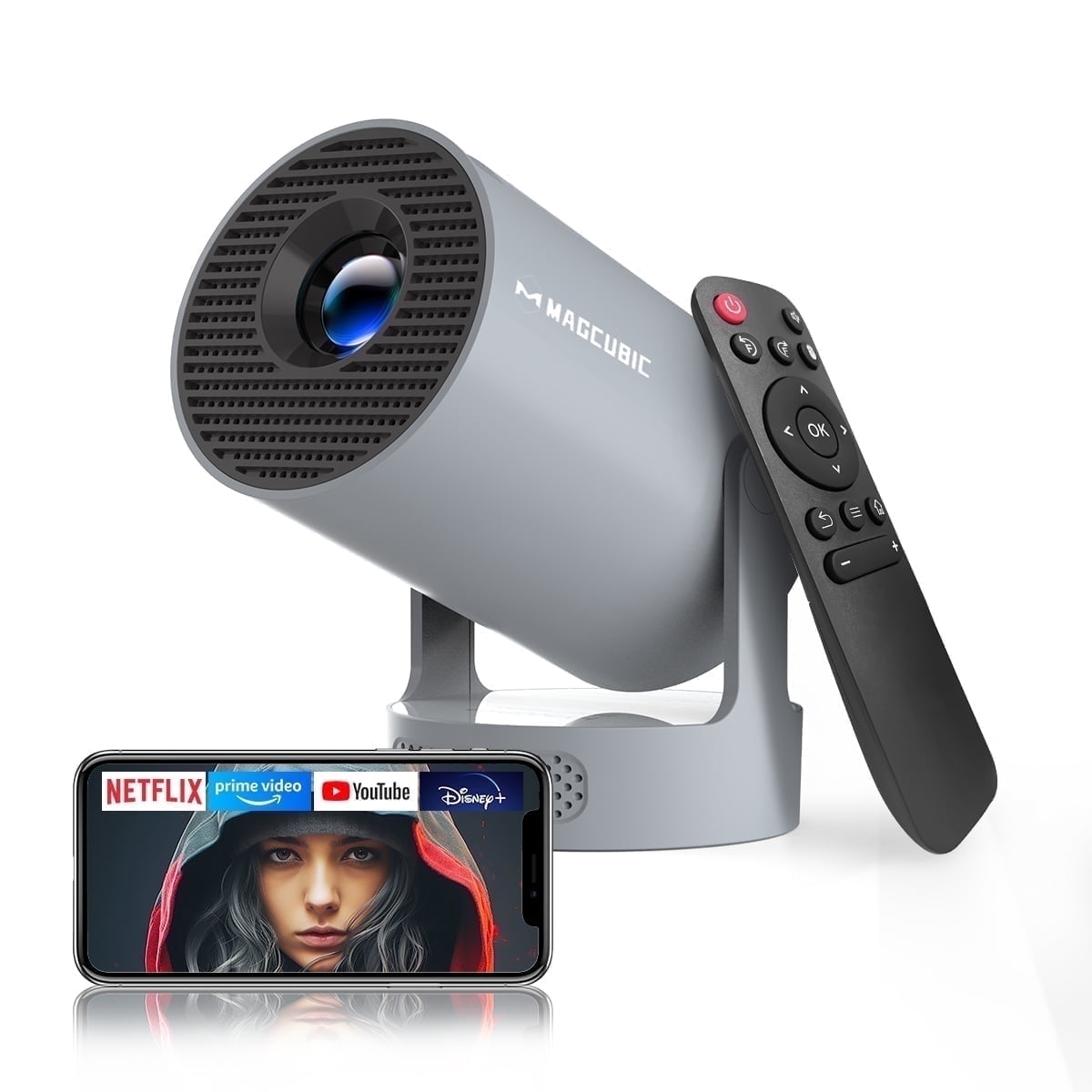 Projector 8K&4K 1080P Support, 290 ANSI Mini Projector Smart with 5W Soundbase Speaker for Movie Projection, HY300 Pro+ Grey