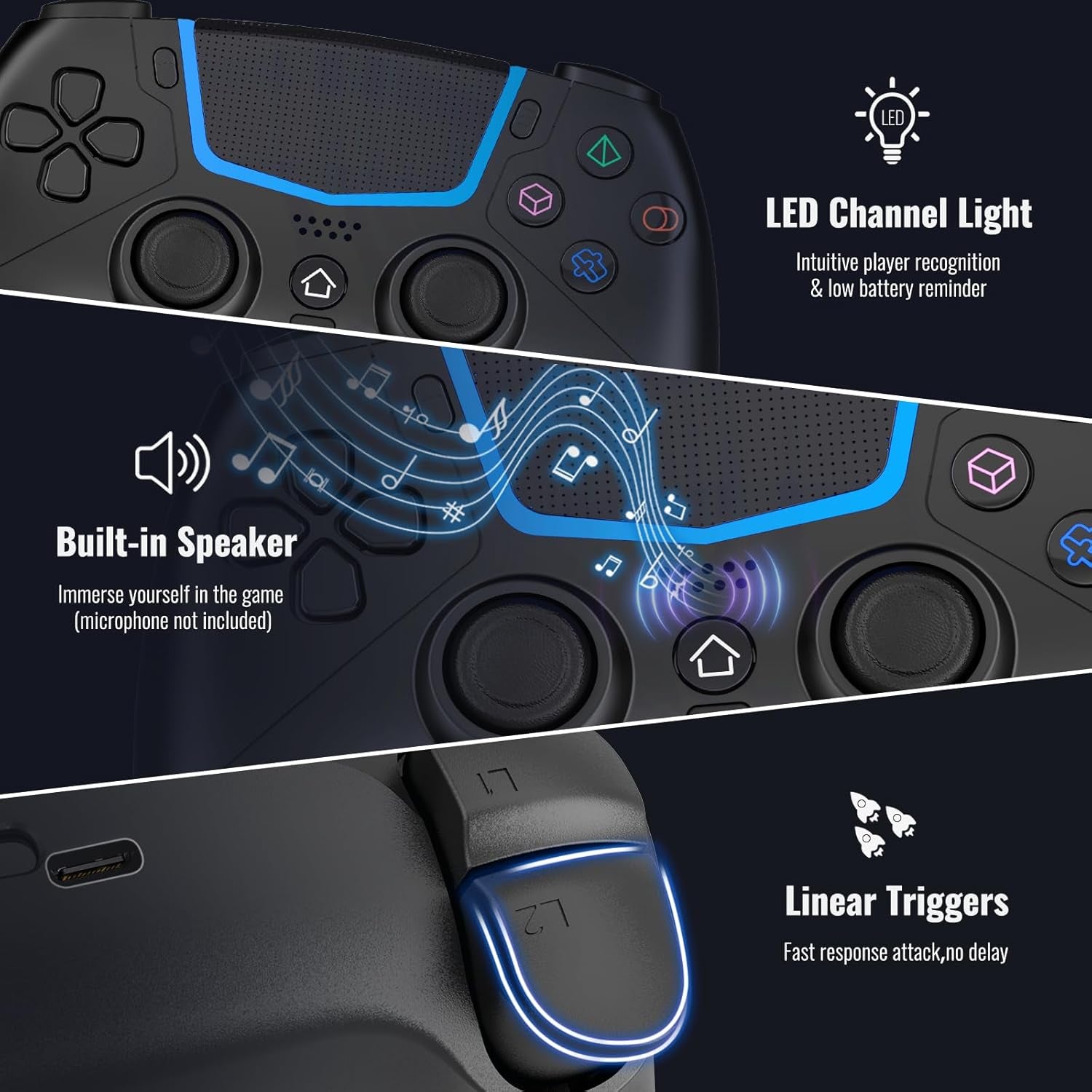 Wireless Controller for Ps-5/Pro/Slim/Pc,Bluetooth Gaming Controller with Hall Joysticks/Led Channel Light/Turbo/6-Axis Gyro/Dual Vibration/Touchpad/3.5Mm TRRS Audio Jack/Speaker Function(Black)